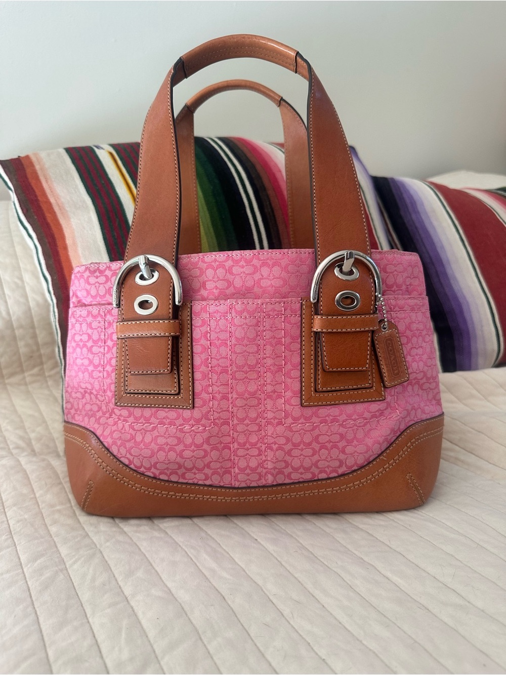 Y2K Coach Pink Canvas and Brown Leather Shoulder Bag